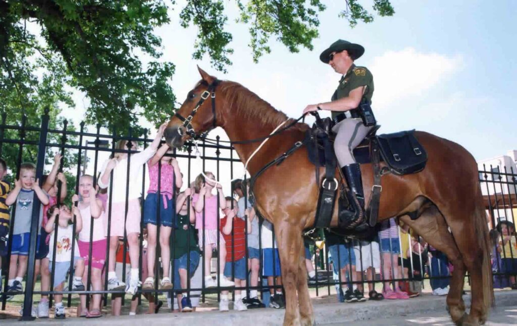 Children reach through a fence to pet a Tulsa mounted patrol horse