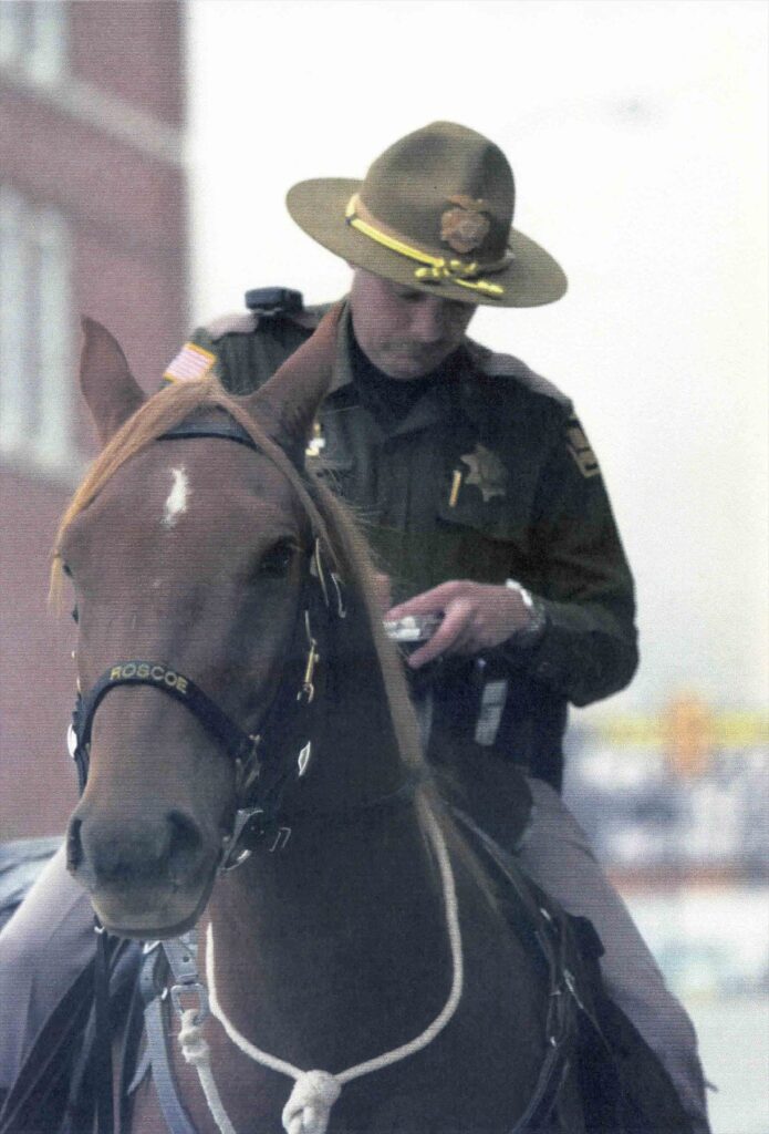 Mounted officer in a campaign hat looks down from the saddle